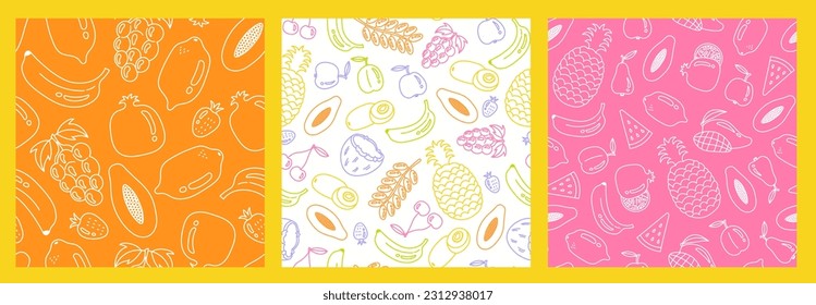 Seamless Pattern fruits set. Food backgrounds collection with various doodle fruits. Chalk style packaging, wrapping paper for drink, kitchen, market. Vector illustration