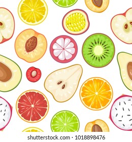 Seamless pattern fruits. Slice apple, kiwi, peach, lime, lemon, orange, mango, avocado, dragon, cherry, mangosteen, citrus. Vector color vintage flat illustration isolated on white background