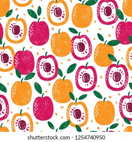 Seamless pattern with fruits. Stamp textured. Great for fabric, textile, wrapping paper. Vector Illustration