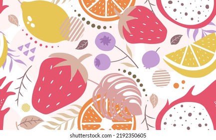 seamless pattern fruits, Strawberry, Lemon, Orange, Blueberry, Dragon fruit and leaf on colour background. Vector illustration.