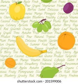 Seamless pattern with fruits and text background