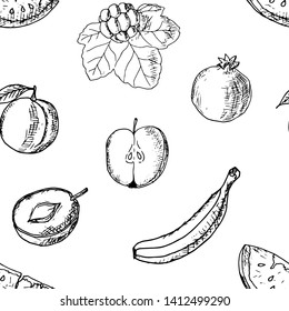 Seamless pattern of fruits. Vector cartoon background. Hand-drawn style.