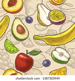 Seamless pattern fruits. Vector color and monochrome vintage engraving on craft paper texture