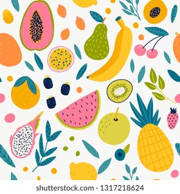 Seamless pattern with fruits. Vector Hand drawn background for design and card, covers, package, wrapping paper.  
