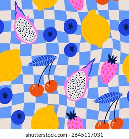 Padrão perfeito com frutas. Vetor Mão desenhado fundo para design e cartão, capas, embalagem, papel de embrulho.  