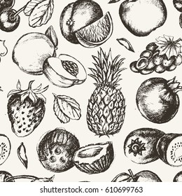 Seamless Pattern Fruits- vector modern hand drawn design seamless pattern. Grapes, cherries, pineapple, strawberry, coconuts, apple.