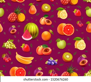 Seamless Pattern with Fruits, Vector wallpaper of colorful eco food. Juicy Fruits on purple background, Looped Texture Background for Textile or Web Sites.
