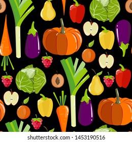 Seamless pattern with fruits, vegetables and berries on black background. Vector illustration for reastaurant menu, textile print, healthy food poster