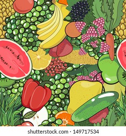 Seamless pattern of fruits, vegetables and berries. Bright wallpaper. Summer. Harvest. vector illustration