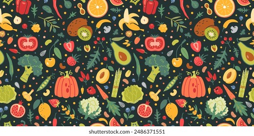 Seamless Pattern with Fruits, Vegetables and berries. Healthly food concept. Modern vector illustration on black background, hand drawn, flat design