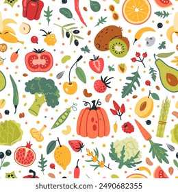 Seamless Pattern with Fruits, Vegetables and berries. Healthly food concept. Modern vector illustration isolated on white background, hand drawn, flat design