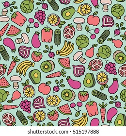 seamless pattern with fruits and vegetables icons