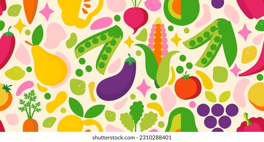 Patrón sin foco de frutas y verduras. ¡El diseño alegre y brillante de la comida saludable será una gran decoración de tu proyecto!