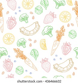 Seamless pattern with fruits, vegetables, nuts and herbs. vegetarian wallpaper. Background with eating a healthy diet. Colorful, outline, doodle style. Vector.