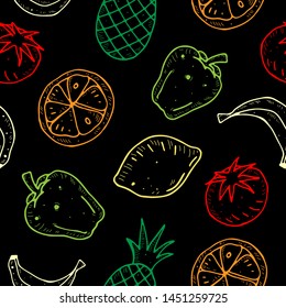 seamless pattern with fruits and vegetables on dark background.