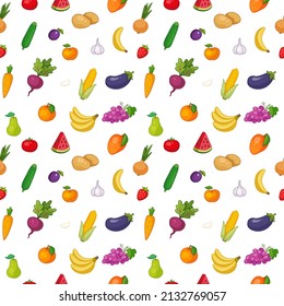 Seamless pattern with fruits and vegetables on a white background. Vector illustration of a vegetarian in a minimalistic flat style, drawing by hand. Print for textiles, print design, postcards.