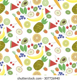 Seamless pattern with fruits and vegetables on white background
