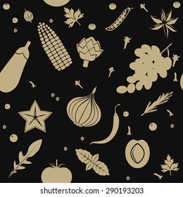Seamless pattern with fruits and vegetables in pale brown color on black background.