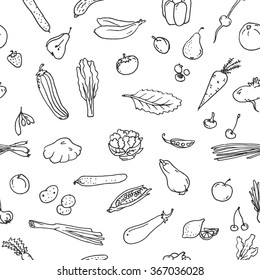 Seamless pattern Fruits and vegetables. Sketch set