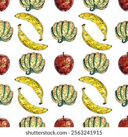 Seamless pattern with fruits and vegetables in stained glass windows technique vector illustration 