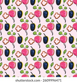 Seamless Pattern of Fruits and Vegetables in Vibrant Colors