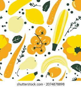 Seamless pattern with fruits and vegetables in yellow and orange colors. Healthy vegan cooking ingredients. Flat style handdrawn lemons, tomatoes, carrots, zuccini, basil. 