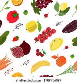 Seamless pattern of fruits and vegetables.Vector illustration with vegetarian food.Eco-product.