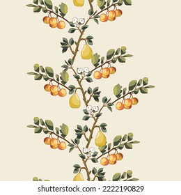 Seamless pattern with fruits. Wallpaper with apple and pear. Garden wallpaper.