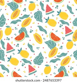Seamless pattern with fruits in warm pastel color. Great for wallpaper, wrapping, gift papers, clothing, web page backgrounds, greeting cards and more