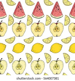 seamless pattern. fruits. watermelon. lemon. apple. white background.