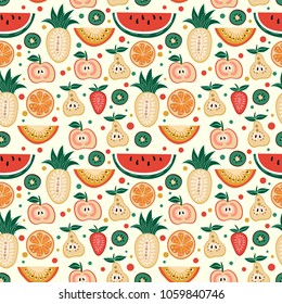 Seamless pattern of fruits, watermelon, melon, strawberry, cherry and other. Summer fresh vector illustration.