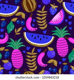 Seamless pattern of fruits, watermelon, melon, strawberry, cherry and other. Summer fresh vector illustration.