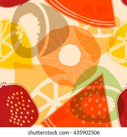 Seamless pattern with fruits: watermelon, orange, kiwi, pomegranate, melon, apple, pineapple. Colorful vector pattern, flat style. Stock vector