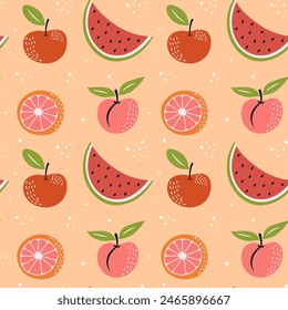 Nahtloses Muster mit Früchten. Wassermelone, Pfirsich, Apfel und Grapefruit auf pastellfarbenem Hintergrund.