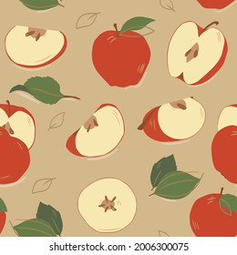 Seamless pattern of fruits. Whole apples, apple halves with leaves on a beige background. Color image. Design for fabric, print, wallpaper, packaging, posters.