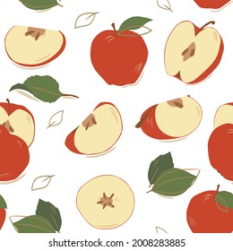 Seamless pattern of fruits. Whole apples, apple halves with leaves on a white background. Color image. Design for fabric, print, wallpaper, packaging, posters.