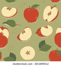 Patrón de frutas sin foco. Manzanas enteras, manzanas con hojas en un fondo verde. Imagen de color. Diseño para tela, impresión, papel pintado, embalaje, carteles.