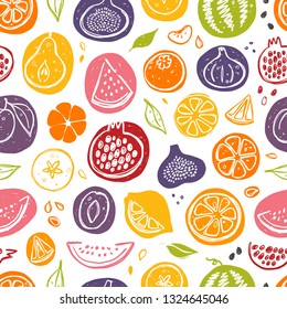 Seamless pattern with fruits. Whole, half, sliced, bitten. Fig, pomegranate, pear, watermelon, tangerine, persimmon, lemon. Hand drawn vector illustration for wrapping paper, fabric, print, wallpaper