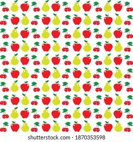 Seamless pattern of fruits, yellow pears, red apples, cherries on a white background, vector illustration.