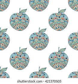Seamless pattern with fruits in a zentangle style. Vector background with apple.