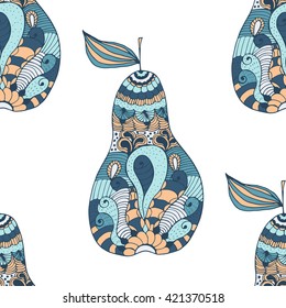 Seamless pattern with fruits in a zentangle style. Vector background with pears.
