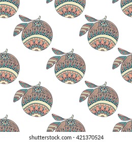 Seamless pattern with fruits in a zentangle style. Vector background with oranges.