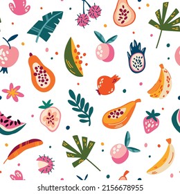 Seamless pattern with fruits.Papaya,dragon fruit,banana,strawberry,watermelon,apple,melon,pear,cherry.Tropical vector background.Exotic textile texture.Summer pattern with different fruits