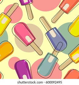 Seamless pattern of fruity ice cream on stick, frozen ice juice vector