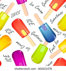 Seamless pattern of fruity ice cream on stick, frozen ice juice vector on white background with signatures