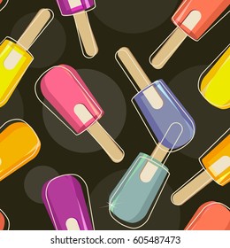 Seamless pattern of fruity ice cream on stick, frozen ice juice vector on black background