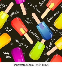 Seamless pattern of fruity ice cream on stick, frozen ice juice vector on black background with signatures