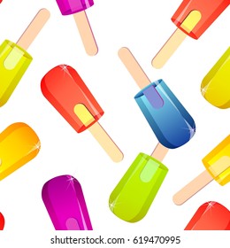 Seamless pattern of fruity ice cream on stick, frozen ice vector juice on white background