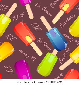 Seamless pattern of fruity ice cream on stick, frozen ice juice vector with signatures