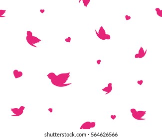 Seamless Pattern with fuchsia Birds and Hearts on white background